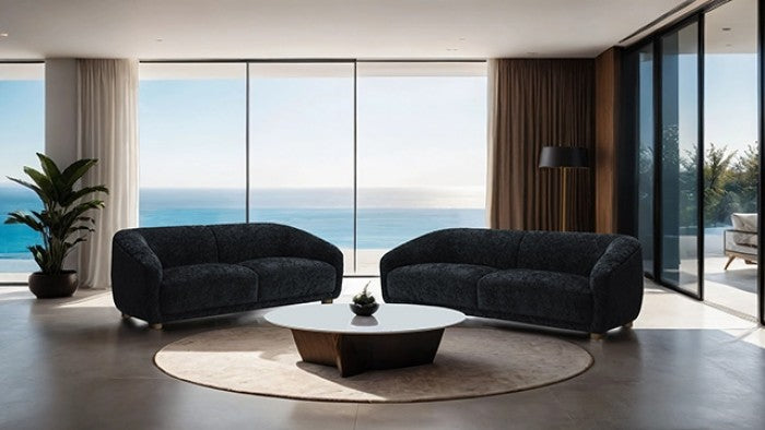 FM61006BK-2PC 2 pc Kolvere black boucle fabric sofa and love seat set soft curved sloped arms