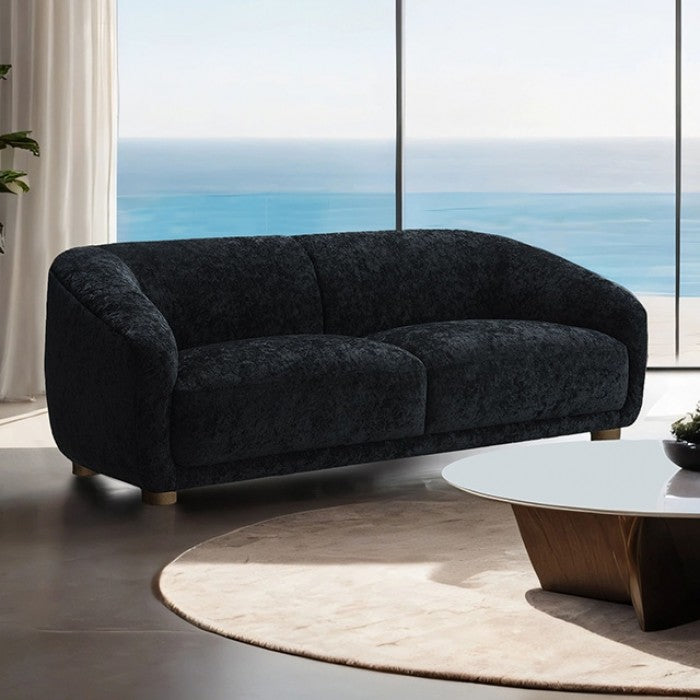 FM61006BK-2PC 2 pc Kolvere black boucle fabric sofa and love seat set soft curved sloped arms