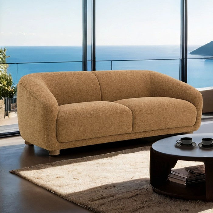 FM61006BR-2PC 2 pc Kolvere brown boucle fabric sofa and love seat set soft curved sloped arms