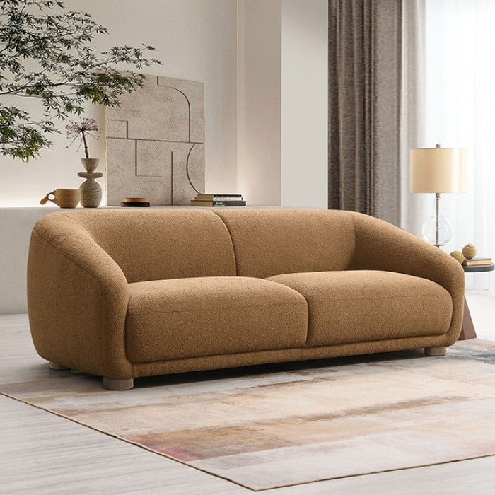 FM61006BR-2PC 2 pc Kolvere brown boucle fabric sofa and love seat set soft curved sloped arms