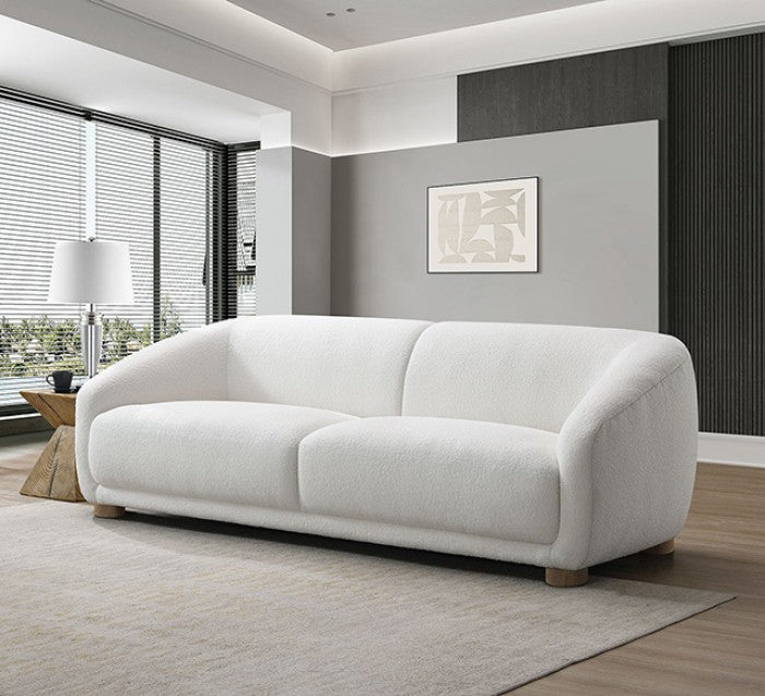 FM61006WH-2PC 2 pc Kolvere white boucle fabric sofa and love seat set soft curved sloped arms