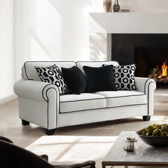 FM61007 2 pc Viviani white and black chenille fabric sofa and love seat set rolled arms