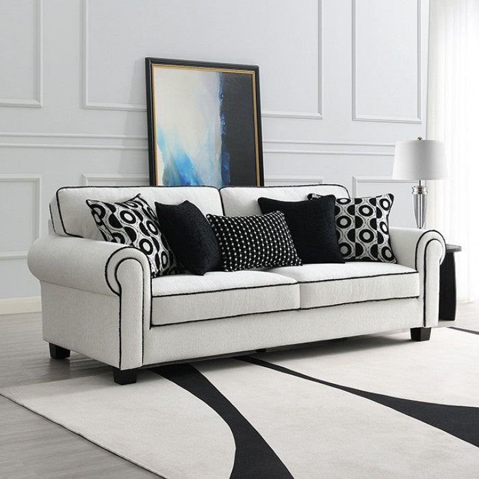 FM61007 2 pc Viviani white and black chenille fabric sofa and love seat set rolled arms