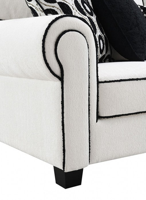 FM61007 2 pc Viviani white and black chenille fabric sofa and love seat set rolled arms