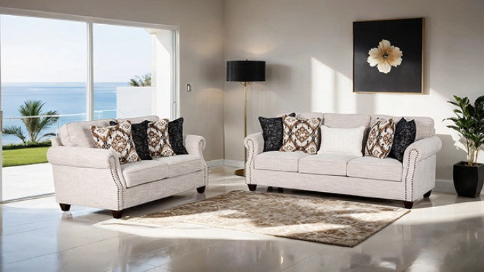 FM61009WH 2 pc Earley light grey woven chenille fabric sofa and love seat set rolled arms nail head trim
