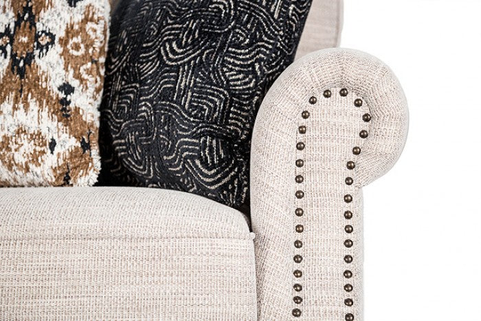 FM61009WH 2 pc Earley light grey woven chenille fabric sofa and love seat set rolled arms nail head trim
