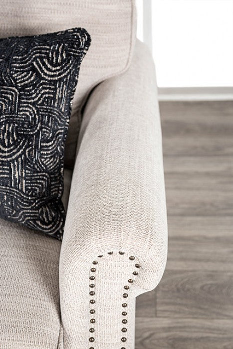 FM61009WH 2 pc Earley light grey woven chenille fabric sofa and love seat set rolled arms nail head trim