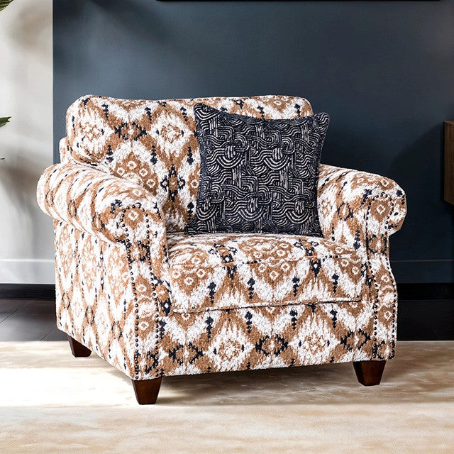 FM61009-WH-CH Earley abstract multi color patterned fabric accent chair large rounded arms nail head trim