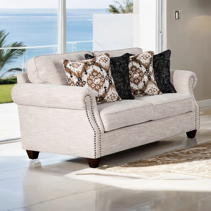 FM61009WH 2 pc Earley light grey woven chenille fabric sofa and love seat set rolled arms nail head trim