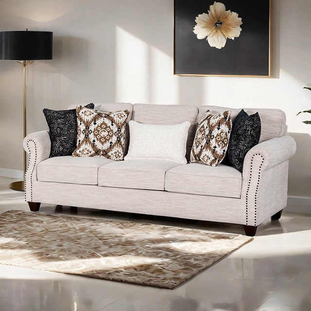 FM61009WH 2 pc Earley light grey woven chenille fabric sofa and love seat set rolled arms nail head trim