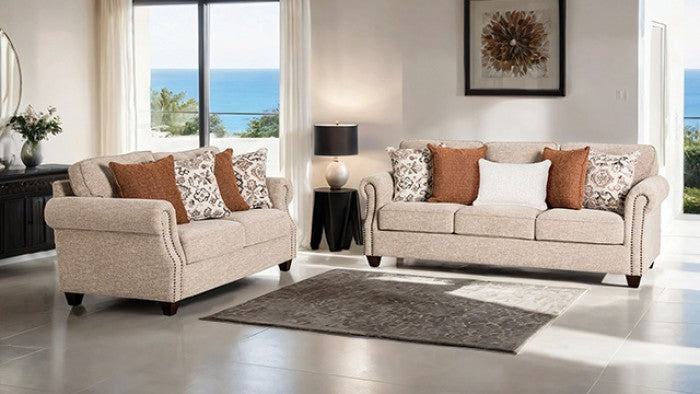 FM61110TP 2 pc buckhurst taupe woven chenille fabric sofa and love seat set rolled arms nail head trim