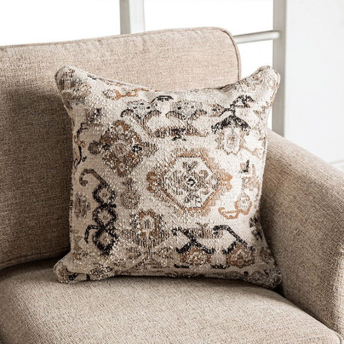 FM61110TP 2 pc buckhurst taupe woven chenille fabric sofa and love seat set rolled arms nail head trim