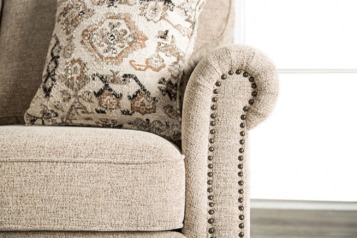 FM61110TP 2 pc buckhurst taupe woven chenille fabric sofa and love seat set rolled arms nail head trim