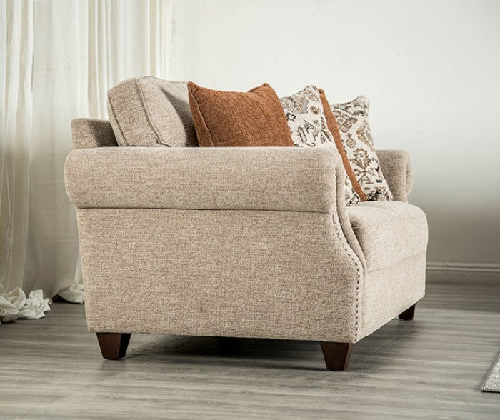 FM61110TP 2 pc buckhurst taupe woven chenille fabric sofa and love seat set rolled arms nail head trim