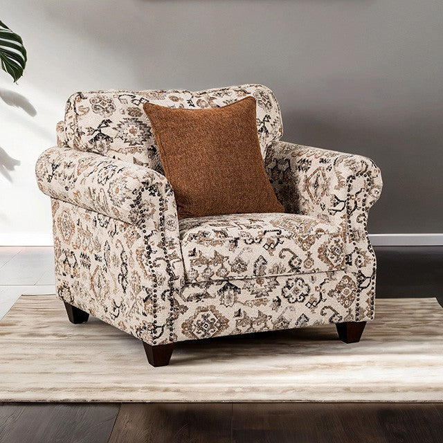 FM61110TP-CH Buckhurst abstract multi color patterned fabric accent chair large rounded arms nail head trim