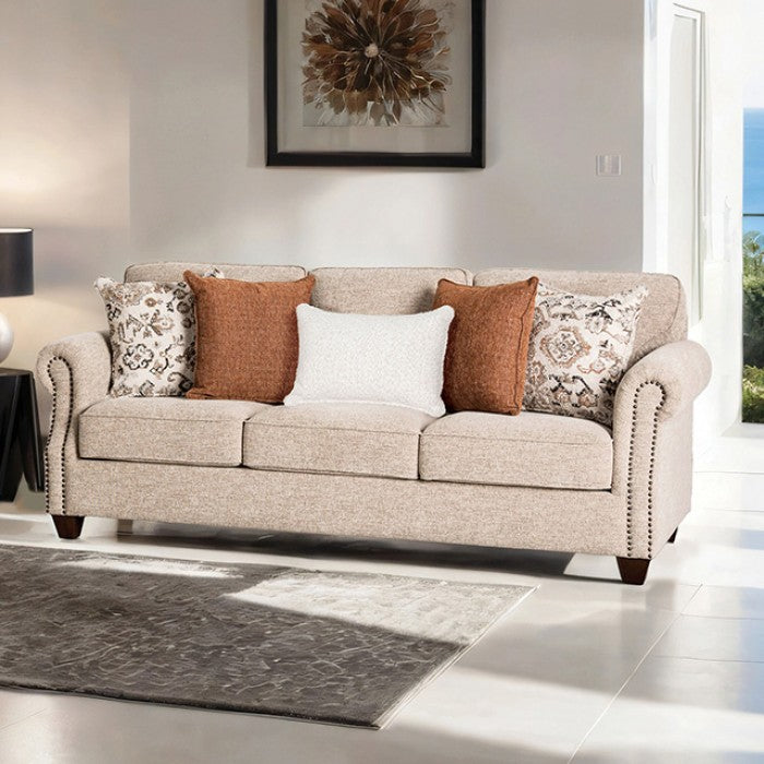 FM61110TP 2 pc buckhurst taupe woven chenille fabric sofa and love seat set rolled arms nail head trim