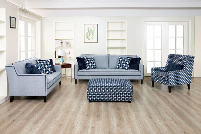 FM61111BL 2 pc Colindale grey blue fabric sofa and love seat set sloped track arms accented piping trim