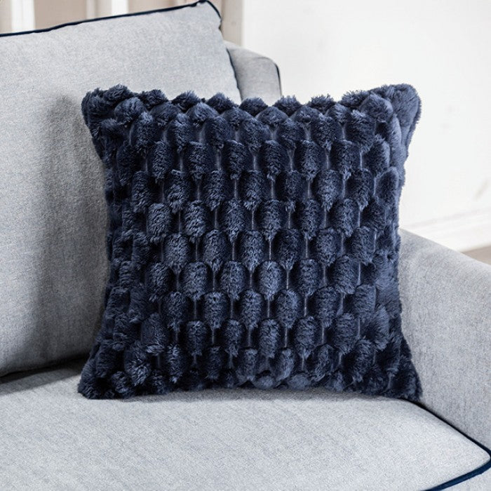 FM61111BL 2 pc Colindale grey blue fabric sofa and love seat set sloped track arms accented piping trim