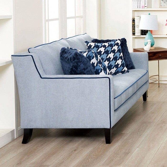 FM61111BL 2 pc Colindale grey blue fabric sofa and love seat set sloped track arms accented piping trim