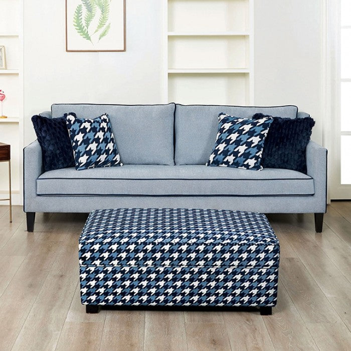 FM61111BL 2 pc Colindale grey blue fabric sofa and love seat set sloped track arms accented piping trim