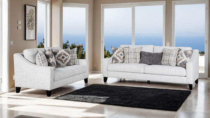 FM61112WH 2 pc Turnham white fabric sofa and love seat set sloped track arms