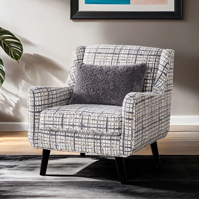 FM61112WH-CH-PT Turnham white and black patterned fabric accent chair sloped track arms