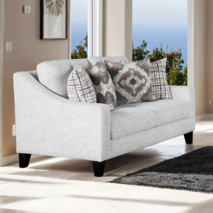 FM61112WH 2 pc Turnham white fabric sofa and love seat set sloped track arms