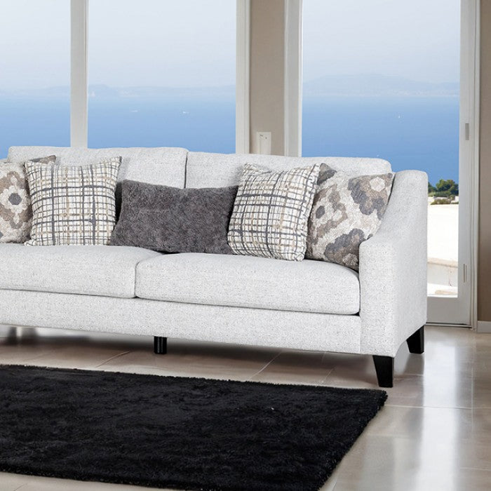 FM61112WH 2 pc Turnham white fabric sofa and love seat set sloped track arms