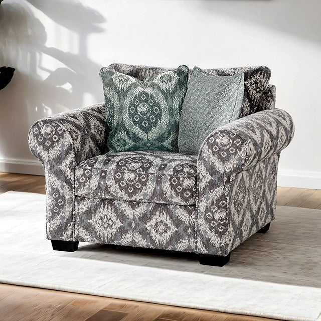 FM61113WH-CH-PT Queensbury abstract multi color white patterned fabric accent chair large rounded arms