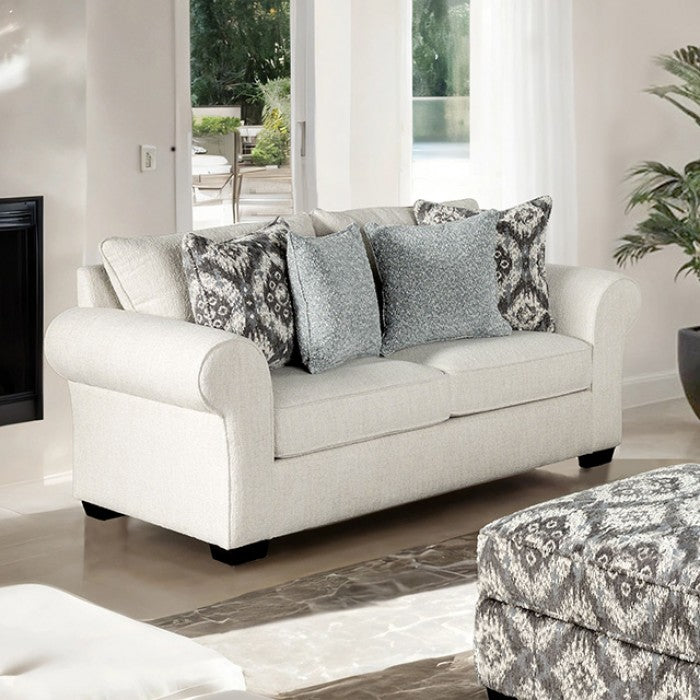 FM61113WH 2 pc Queensbury white fabric sofa and love seat set large rounded arms