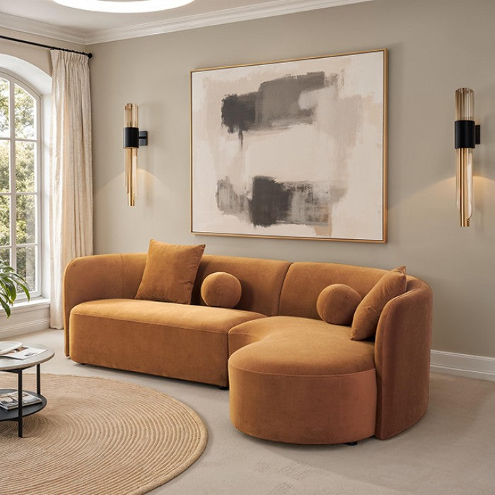 FM61115BR Revello caramel brown chenille fabric sectional sofa with rounded chaise