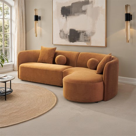 FM61115BR Revello caramel brown chenille fabric sectional sofa with rounded chaise
