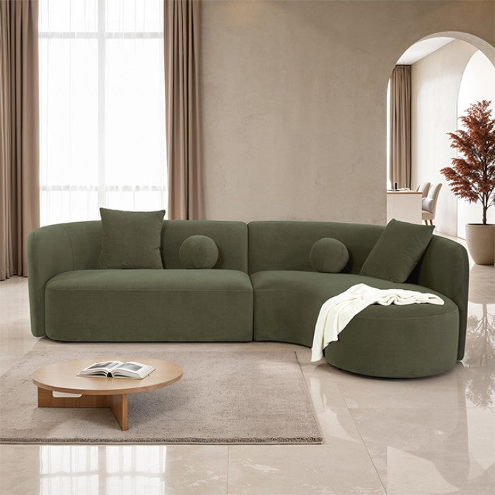 FM61115GR Revello emerald green chenille fabric sectional sofa with rounded chaise