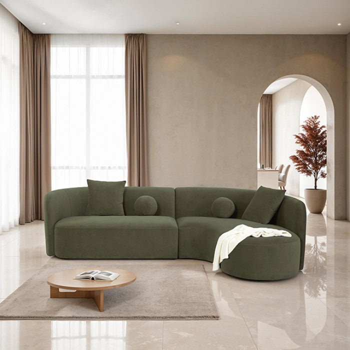 FM61115GR Revello emerald green chenille fabric sectional sofa with rounded chaise