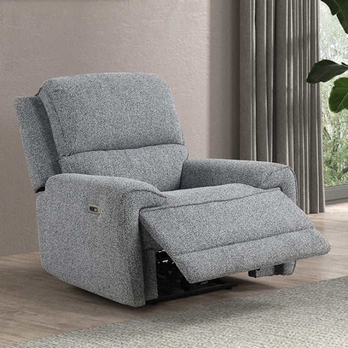 FM62001GY-2PC 2 pc Morcote grey boucle fabric sofa and love seat with power recliner ends USB ports cup console