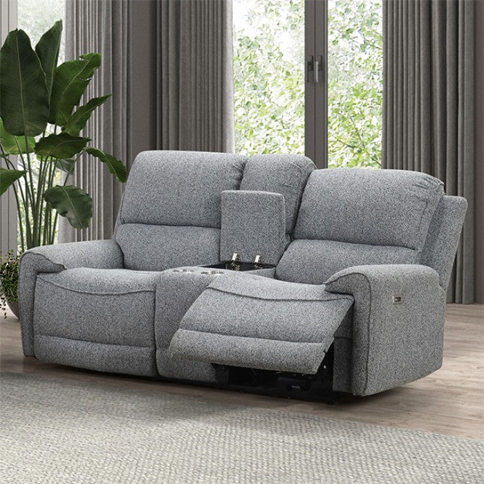 FM62001GY-2PC 2 pc Morcote grey boucle fabric sofa and love seat with power recliner ends USB ports cup console