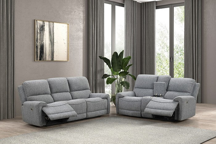 FM62001GY-2PC 2 pc Morcote grey boucle fabric sofa and love seat with power recliner ends USB ports cup console
