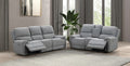 FM62001GY-2PC 2 pc Morcote grey boucle fabric sofa and love seat with power recliner ends USB ports cup console