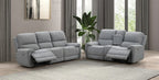 FM62001GY-2PC 2 pc Morcote grey boucle fabric sofa and love seat with power recliner ends USB ports cup console
