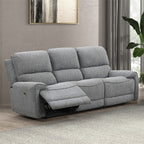 FM62001GY-2PC 2 pc Morcote grey boucle fabric sofa and love seat with power recliner ends USB ports cup console