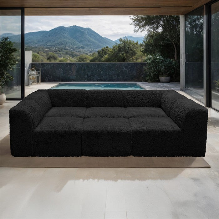 FM62102BK-6PC 6 pc Nappi black faux fur modular sectional sofa compressed foam design