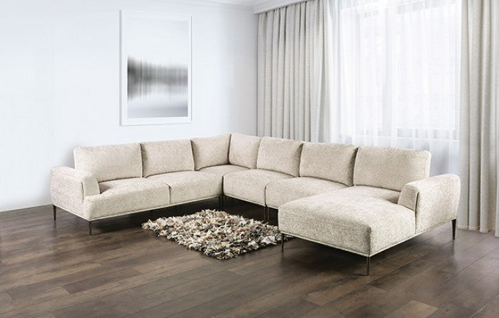 FM63007LB-SECT-J 5 pc Gladbach light brown cotton chenille fabric mid century 147" sectional sofa with extendable back rest