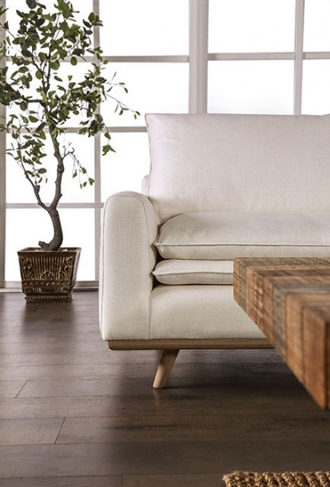 FM63008OA-SF Monthey beige linen fabric mid century modern oak wood trim sofa