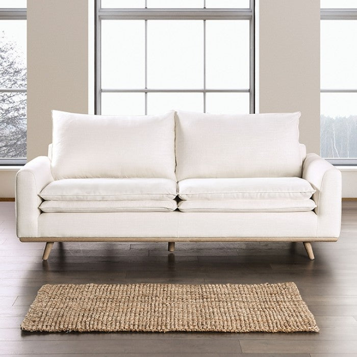 FM63008OA-SF Monthey beige linen fabric mid century modern oak wood trim sofa