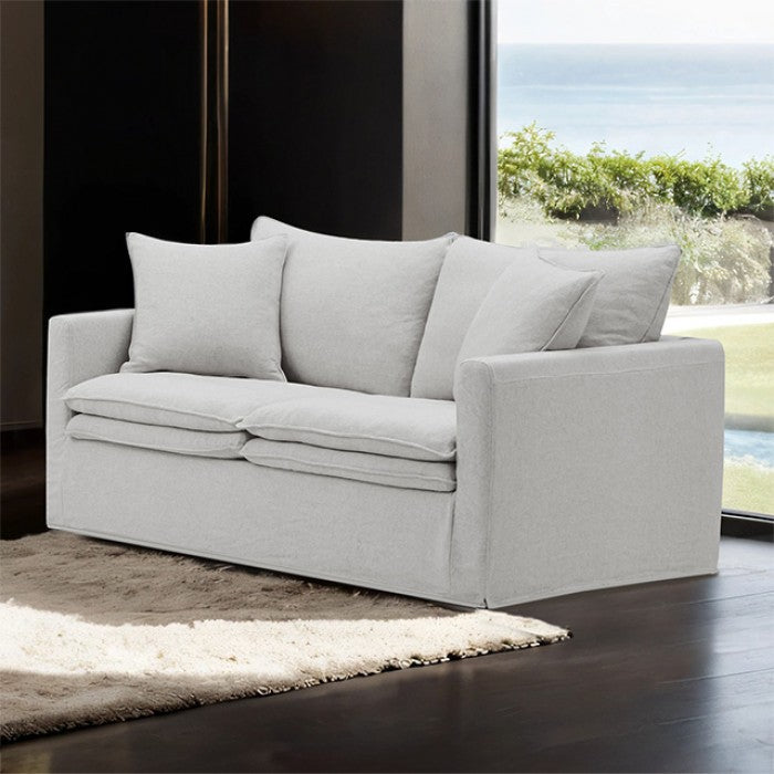 FM63010LG 2 pc Crayford light grey linen like fabric sofa and love seat set feather blend cushions
