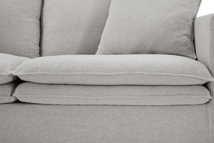 FM63010LG 2 pc Crayford light grey linen like fabric sofa and love seat set feather blend cushions