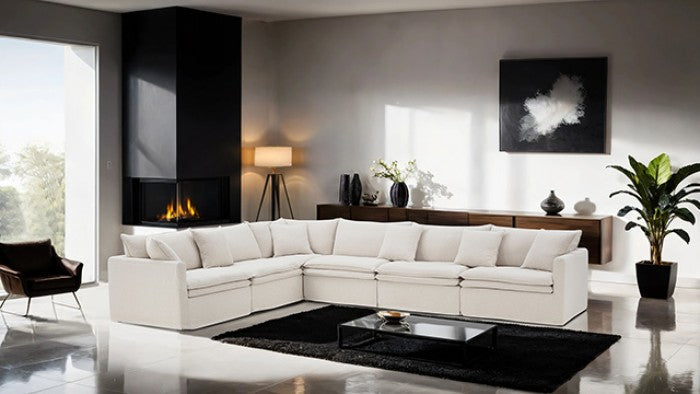 FM63010TP-SECT 6 pc Crayford taupe linen like fabric modular sectional sofa set feather blend cushions