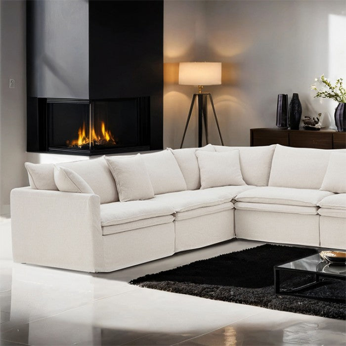 FM63010TP-SECT 6 pc Crayford taupe linen like fabric modular sectional sofa set feather blend cushions