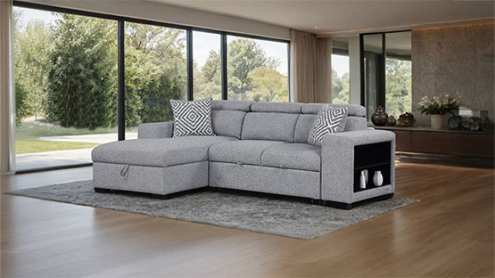 FM64000GY-LC 2 pc Chatteris grey fabric 102" sectional sofa set with storage chaise pop up sleep area and storage arms