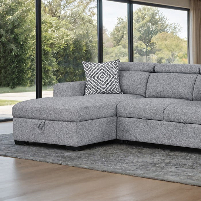 FM64000GY-LC 2 pc Chatteris grey fabric 102" sectional sofa set with storage chaise pop up sleep area and storage arms